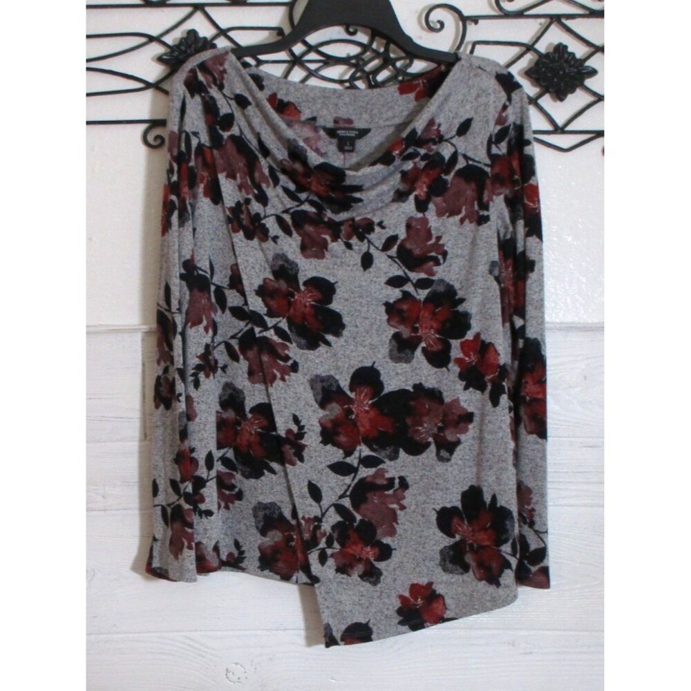 Simply Vera Wang Knit Top Women's Size L Gray Floral Long Sleeve Cowl Neck